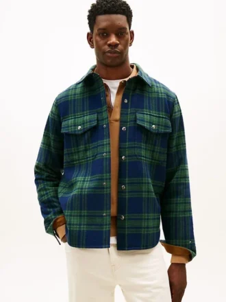 Veste chemise matelassée en laine mélangée à carreaux
