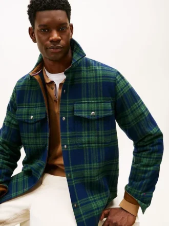Veste chemise matelassée en laine mélangée à carreaux